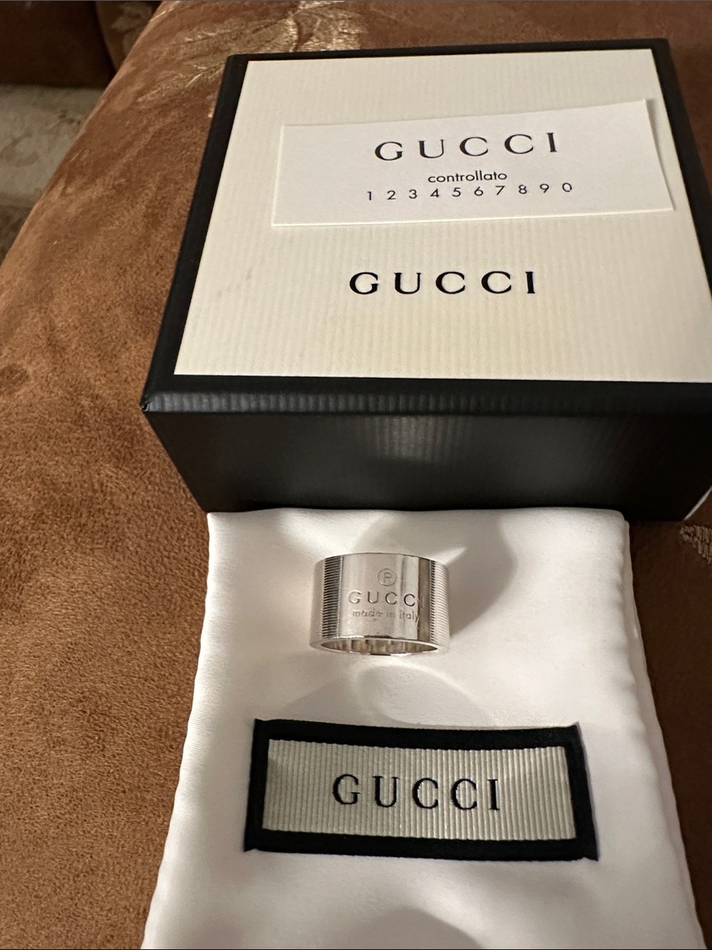 Gucci Wide Engraved Band Ring in Silver Tone